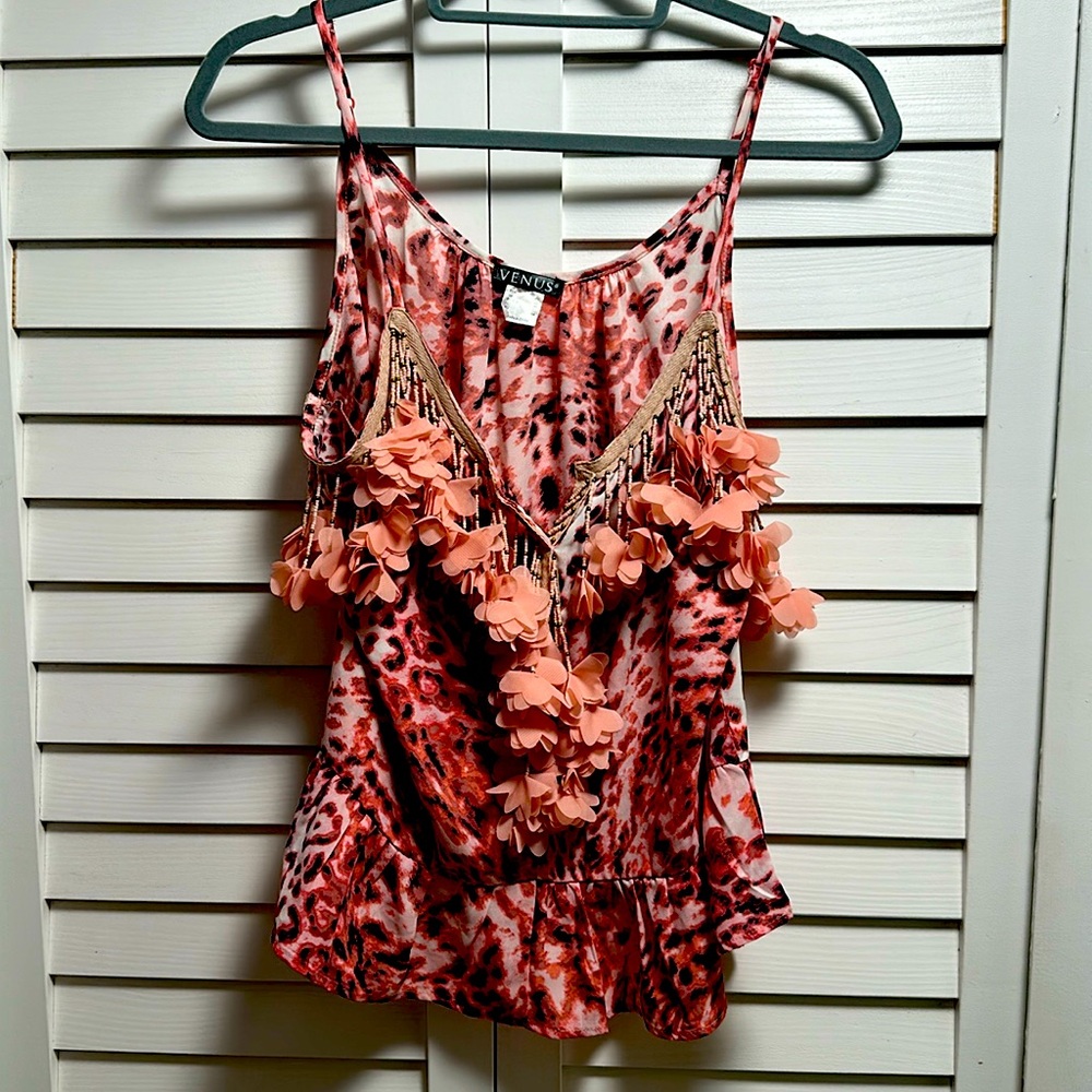Venus spaghetti strap pink animal leopard print top with beaded tassel flowers